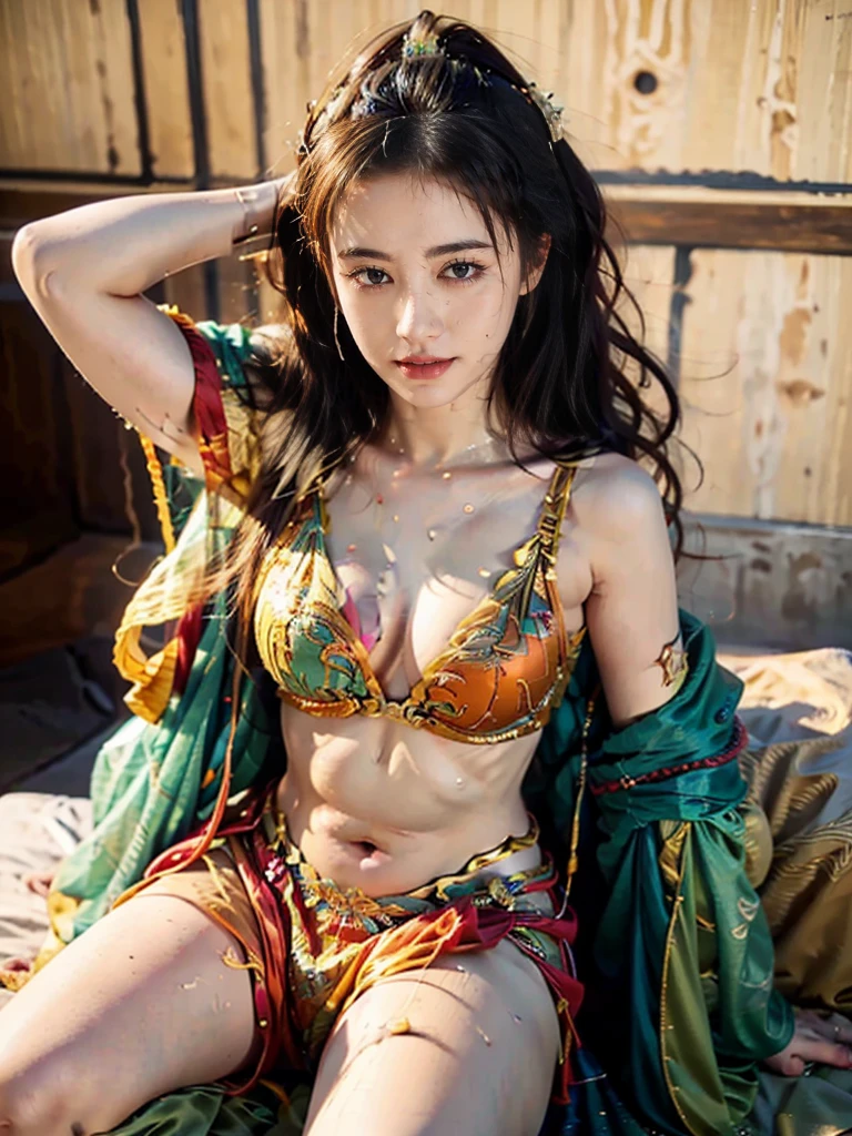 masuter piece,(Best Quality:1.3),超A high resolution,Raw photo,Detailed skin,Beautiful lighting,(Realistic, Photorealsitic:1.4), dunhuang, 1girl in, Full body, Standing, Unevenness of the skin, Beautiful expression、A detailed face、perfectly proportions、Big Tits、big breasts thin waist、Navel、Crotch gap、thighs thighs thighs thighs、Bewitching、Attractive woman, A sexy, dunhuang_Background,(Dynamic Poses:1.2), Vivid costumes、lightning bolt、thunderbolt、Sateen、wetted skin、