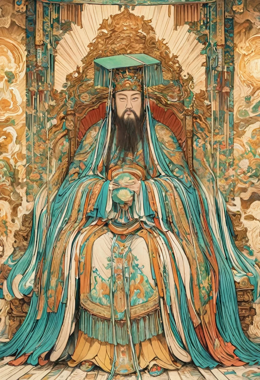 Depict the Jade Emperor  seated on a magnificent golden throne in the heavenly realm. He is dressed in ornate imperial robes with intricate golden embroidery and a regal crown adorned with precious jewels. Th. The Jade Emperor exudes an aura of divine authority and wisdom as he looks down with kind, knowing eyes. A humble young farmer, dressed in simple traditional clothing and holding a straw hat, stands respectfully before the throne, looking up in awe and reverence. Surround them with ethereal elements such as floating lanterns, mythical creatures like dragons and phoenixes, and vibrant celestial flora. The sky should be filled with a soft, golden light, symbolizing the divine presence and the sacred nature of the encount