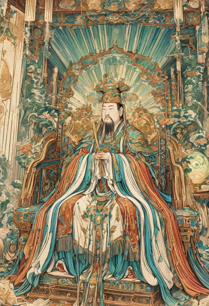 Depict the Jade Emperor  seated on a magnificent golden throne in the heavenly realm. He is dressed in ornate imperial robes with intricate golden embroidery and a regal crown adorned with precious jewels. Th. The Jade Emperor exudes an aura of divine authority and wisdom as he looks down with kind, knowing eyes. A humble young farmer, dressed in simple traditional clothing and holding a straw hat, stands respectfully before the throne, looking up in awe and reverence. Surround them with ethereal elements such as floating lanterns, mythical creatures like dragons and phoenixes, and vibrant celestial flora. The sky should be filled with a soft, golden light, symbolizing the divine presence and the sacred nature of the encount