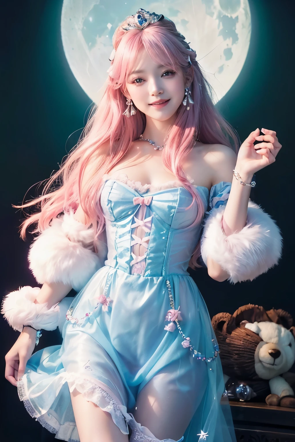 (8K, top-quality, masterpiece:1.2), (reallistic, Photorealsitic:1.37), Super Detail, One girl,), (Highly detailed), (beautifully detailed eyes), (of the highest quality), (super detailed ), (masterpiece), (Detailed face),20yr old, ,1 girl, ((pink hair,long hair)), medium breasts, clothed, Perfect Lighting, BREAK, BRAKE, (upper body to thighs:1.2), (long pink hair:1.2), (waves:1.1), (elegant fantasy style:1.1), (smiling gently:1.2), (face turned slightly:1.1), (right foot forward:1.1), (holding skirt:1.1), (A white bear seen in the background.:1.4), (dreamy lighting:1.2), BREAK (onepeice dress:1.5), (Cinderella:1.5), (fairytale, fantasy:1.3), (sky blue:1.2), (pastel pink:1.2), (white:1.2), (fur shawl:1.2), (corset:1karang), (puff sleeves:1.3), (organza blouse:1.2), (tulle skirt:1.3), (gradient colors:1.2), (wide lace trim:1.2), (ribbons:1.2), (beads:1.1), (glass slippers:1.2), (tiara:1.2), (star and moon motifs:1.2), (magic, dreams:1.1), 
