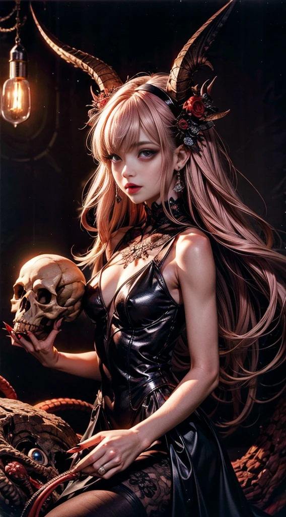 Official Art, 8k wallpaper unit, ultra detailed, beautiful and aesthetic, high quality, beautiful, Masterpiece, Best Quality, (red hair, tangled, mandala, tangle, entangle: 0.6), low contrast, una linda chica que sirve pastel a los DEMONS, lilac, bright pastel colors, kawaii, (horror), creepy, rabbit skull, goat skull, in hell, creepy, DEMONS, claws, better lighting, beautiful face,
