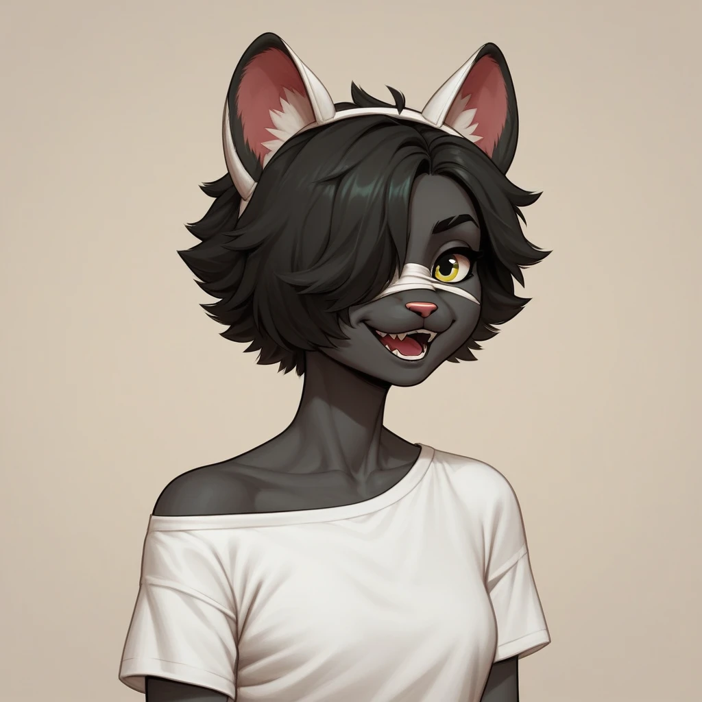 1 girl, Alone, wide, looking at the viewer, black fur, bandage on face, yellow eyes, animal ears, SMILE, bandage on nose, braid, cat ears, bandage, hits, old, fake animal ears, simple background, Open mouth, canine, , bare shoulders, SCAR, teeth, shirt, bare shoulders, white shirt, short sleeves, Closed mouth, t-shirt, hair over one eye, portrait, if, hair over the shoulder, Bermuda,