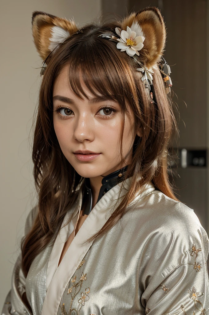 High quality masterpiece, detailed and futuristic. Represents a broken robot dedicated to preserving the environment. The central figure is an android with delicate and elegant features, reminiscent of a girl. Its metallic fur is adorned with delicate fluff of animal ears and fox ears. Fluffy orange hair, with a subtle blush and brown eyes that reflect determination and compassion. She is wearing a modern white kimono with a Japanese design, decorated with a flower as a hair ornament. The background shows a gradient that highlights the beautiful and evocative lighting. La robot, with a soft smile looking at the viewer, holds a recorded phrase: 'Renewing tomorrow, one broken piece at a time'. This work fuses traditional aesthetics with advanced technology, transmitting a message of hope and care towards our environment.