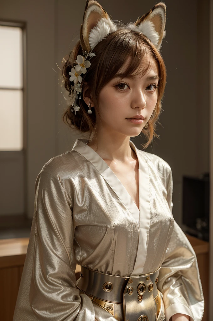 

High quality masterpiece, detailed and futuristic. Represents a broken robot dedicated to preserving the environment. The central figure is an android with delicate and elegant features, reminiscent of a girl. Its metallic fur is adorned with delicate fluff of animal ears and fox ears. Fluffy orange hair, with a subtle blush and brown eyes that reflect determination and compassion. She is wearing a modern white kimono with a Japanese design, decorated with a flower as a hair ornament. The background shows a gradient that highlights the beautiful and evocative lighting. La robot, with a soft smile looking at the viewer, holds a recorded phrase: 'Renewing tomorrow, one broken piece at a time'. This work fuses traditional aesthetics with advanced technology, transmitting a message of hope and care towards our environment.