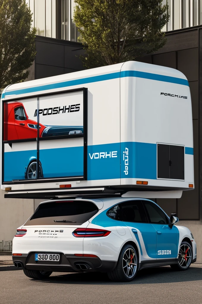 A sports advertising van, Porsche,that on the sides says "VALLA 28 MOY",In the back a wall with all the social media icons,apps,etc.32k