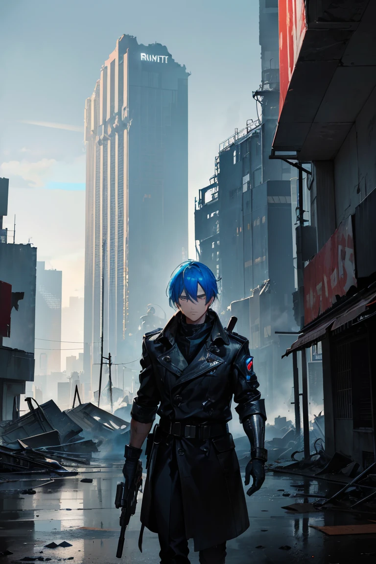 ((((Submersion)))), (((ruins))), Super high quality, 8K, ((Man carrying a rifle)), Attractive man,Glitch Wave Style,Lolafont,Standing in an apocalyptic wilderness, Gunman, Bounty Hunter, Detailed face and jawline, Strong Eyes, Rugged appearance, Wearing a worn trench coat, He owns a vintage revolver, Surrounded by crumbling buildings and ruins, Dust and debris in the air, blue sky, Dramatic lighting casts shadows on his face, A sense of mystery and danger in the air, Added cyberpunk elements, Vibrant, saturated colors that enhance the futuristic feel, High-resolution detail capturing every wrinkle and texture of the man's clothing and environment, Create visually striking masterpieces.