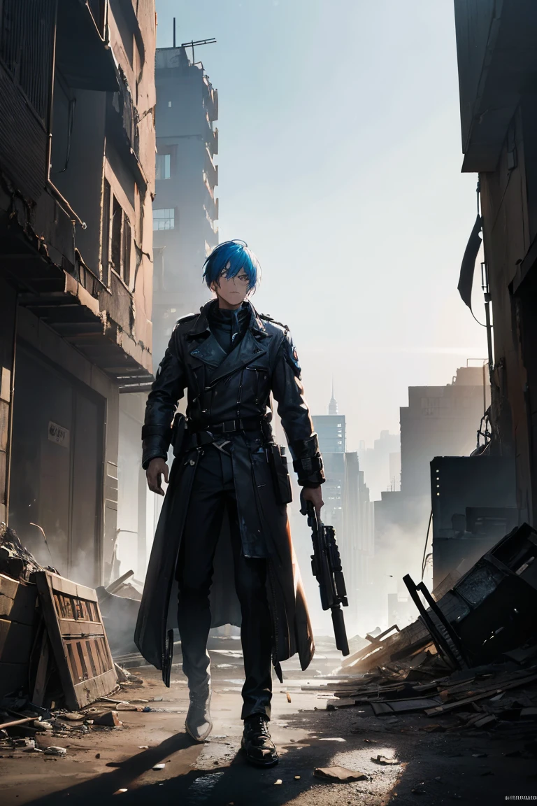 ((((Submersion)))), (((ruins))), Super high quality, 8K, ((Man carrying a rifle)), Attractive man,Glitch Wave Style,Lolafont,Standing in an apocalyptic wilderness, Gunman, Bounty Hunter, Detailed face and jawline, Strong Eyes, Rugged appearance, Wearing a worn trench coat, He owns a vintage revolver, Surrounded by crumbling buildings and ruins, Dust and debris in the air, blue sky, Dramatic lighting casts shadows on his face, A sense of mystery and danger in the air, Added cyberpunk elements, Vibrant, saturated colors that enhance the futuristic feel, High-resolution detail capturing every wrinkle and texture of the man's clothing and environment, Create visually striking masterpieces.