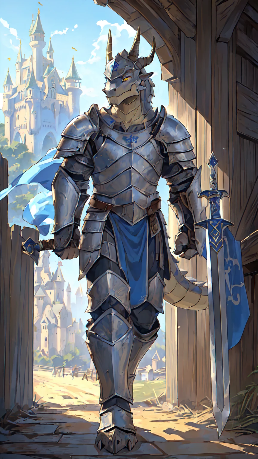 ((middle Ages:1.6，Castle Background:1.4))，((Cruz:1.6))，Sunlight，high resolution，4K，gay，(((whole body:1.1，sideways:1.3)))，masterpiece，high quality，Calm and composed，((dragon))，male，dragonFurry，(teenager:1.3)，hairy，((stable，Handsome face:1.4))，((peaceful))，((Holding a long sword:1.2))，(((Strong:1.4，Long legs:1.3，Thick dragon tail:1.2)))，(((Gray heads:1.2，Golden pupils:1.2，White Neck:1.3，Gray back of hands:1.4，White Skin:1.3)))，(((White Armor:1.3，There is a blue flag on the armor:1.4)))，Mature face，Exquisite eyes，Detailed body，Detailed hands，Detailed feet，Kenket&#39;s Art，Strike a pose:1.3