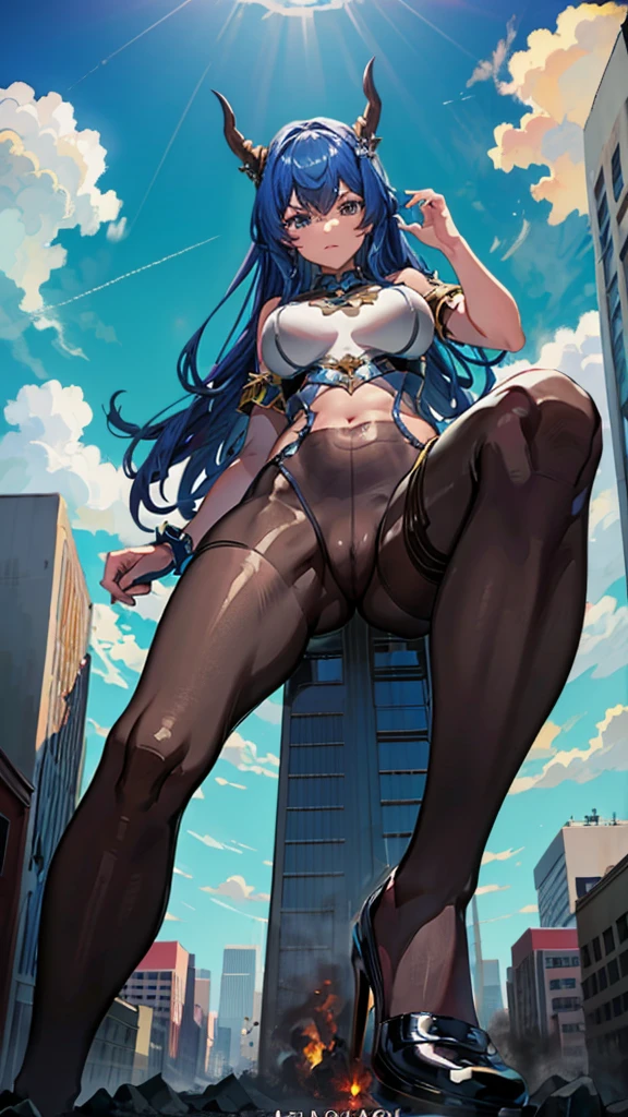 A colossal giantess succubus walks into a tiny city, breaking the floor and everything with her heels, she looks down and mocks you as you see from below her tiny tits and long legs covered all in transparent pantyhose, look down, evil, better quality, close, photo under her, crushing