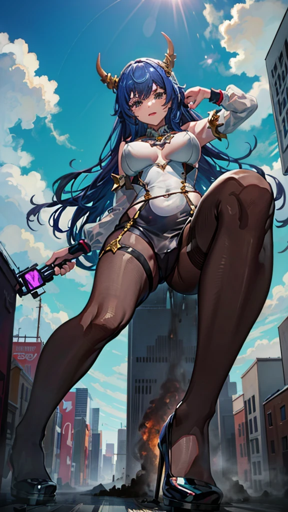 A colossal giantess succubus walks into a tiny city, breaking the floor and everything with her heels, she looks down and mocks you as you see from below her tiny tits and long legs covered all in transparent pantyhose, look down, evil, better quality, close, photo under her, crushing