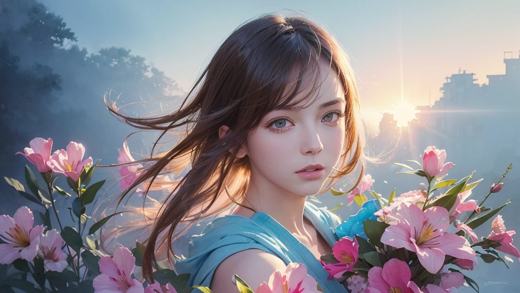 32k, Masterpiece, Highest quality, One girl, Detailed eyes, flower,Alstroemeria, Pink and light blue style,A dreamy, romantic piece,Pale yellow, Mysterious Leaves,A playful arrangement,Fantasy,High Contrast,Ink strokes,explosion,Exposure, Impression of pink and light blue tones,Abstract,((Watercolours by John Berkey and Jeremy Mann )) Brush strokes,Negative Space, Tyndall effect,
