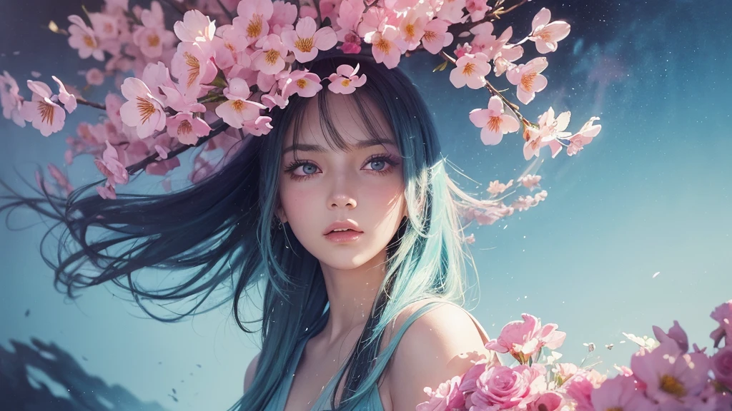 32k, Masterpiece, Highest quality, One girl, Detailed eyes, flower,Alstroemeria, Pink and light blue style,A dreamy, romantic piece,Pale yellow, Mysterious Leaves,A playful arrangement,Fantasy,High Contrast,Ink strokes,explosion,Exposure, Impression of pink and light blue tones,Abstract,((Watercolours by John Berkey and Jeremy Mann )) Brush strokes,Negative Space, Tyndall effect,