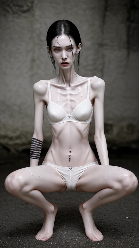 a woman, very thin body, body visible bones, very slender, sweaty wet body, pale white skin, panties, bra,tatto, full body, has a mental breakdown in an underground prison, sit