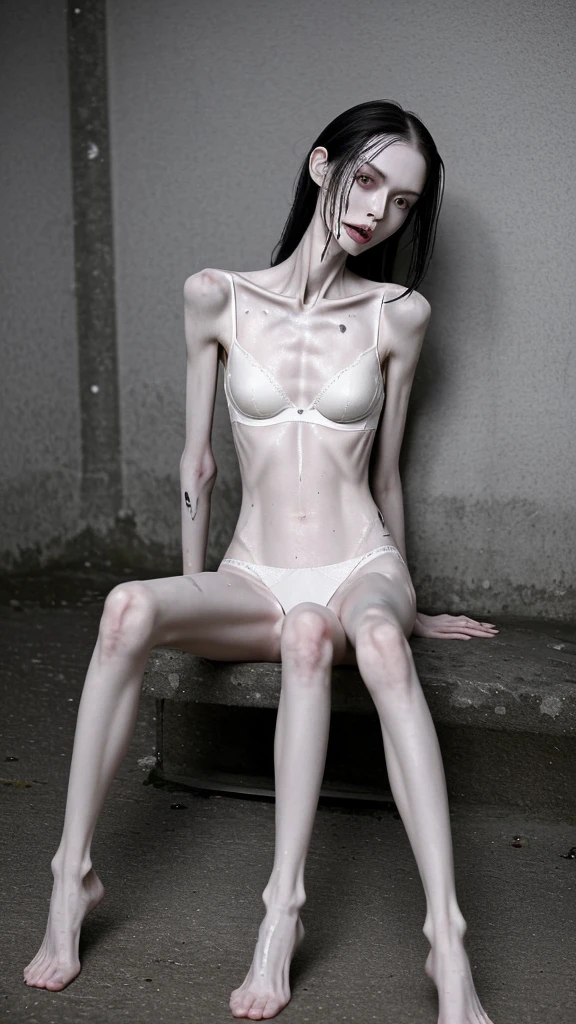 a woman, very thin body, body visible bones, very slender, sweaty wet body, pale white skin, panties, bra,tatto, full body, has a mental breakdown in an underground prison, sit