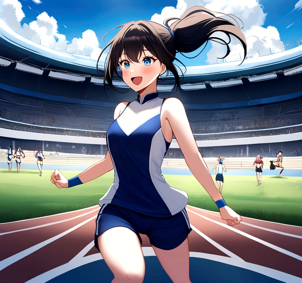 A scene of a 20-something girl with black ponytail running on a track in a stadium,Tension and a sense of accomplishment,The following runner,Midsummer Day,There are cumulonimbus clouds,A scene that radiates the tension and excitement of a high-level competition in the world of athletics,Wearing a competition uniform and bib number,Capture a decisive moment from in front of the goal,White funiform and navy blue shorts,The crowd is full,oozeino