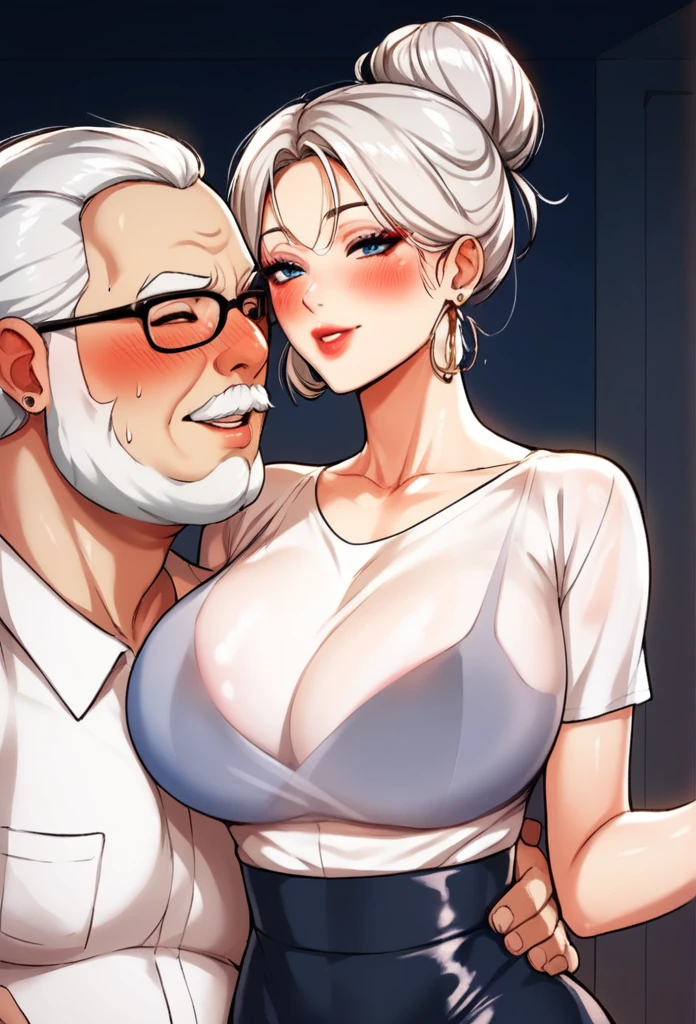 Hot  beautiful cute  hugging with ugly fat old man in office cabin ,brown  t shirt,black pencil skirt, indian silver jhumka earrings,,  lipstick,makeup,white hair with blue shade,hair bun,two falling hair strands,blush,