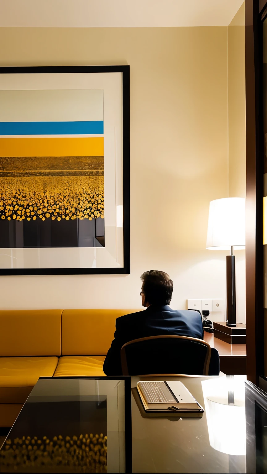 ((best quality)), , (detailed), (big) un hombre escritor viendo una mesa escribiendo en una habitación de hotel con un ventanal big