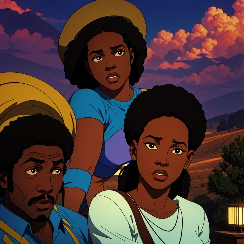 1970s photo of an african-american man wearing 1970s attire, he is telling beautiful women to leave him alone, cinematic action, atmospheric perspective