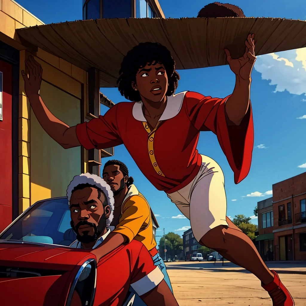 1970s photo of an african-american man wearing 1970s attire, he is telling beautiful women to leave him alone, cinematic action, atmospheric perspective