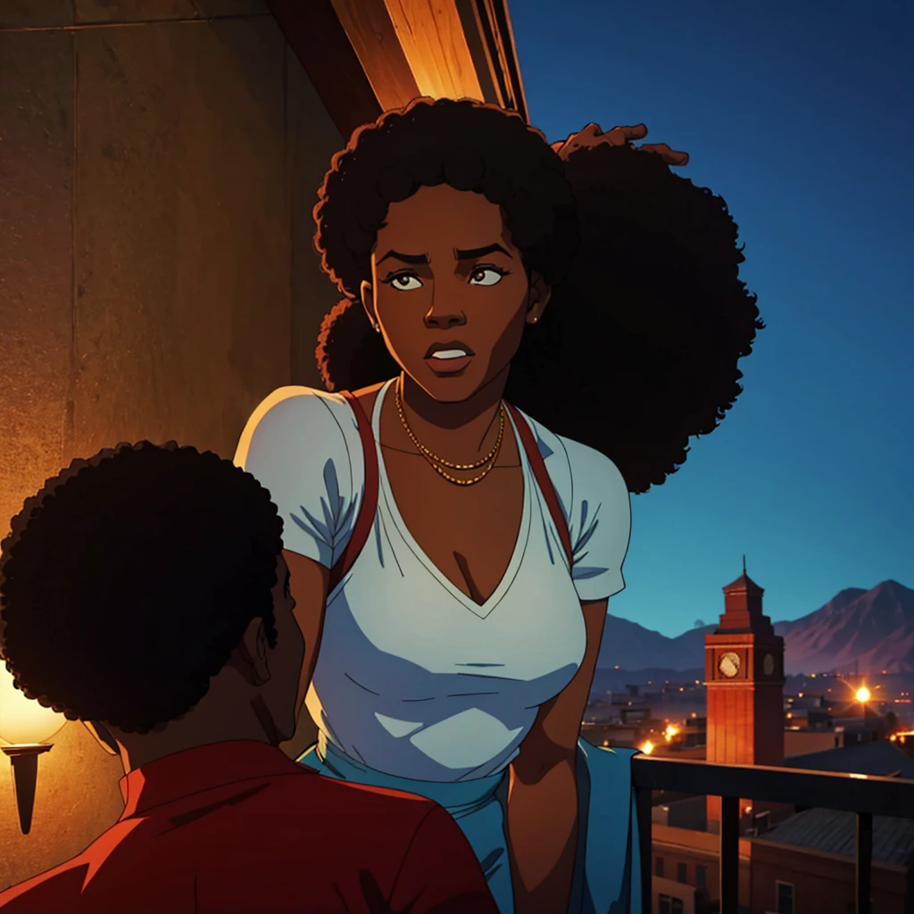 1970s photo of an african-american man wearing 1970s attire, he is telling beautiful women to leave him alone, cinematic action, atmospheric perspective 