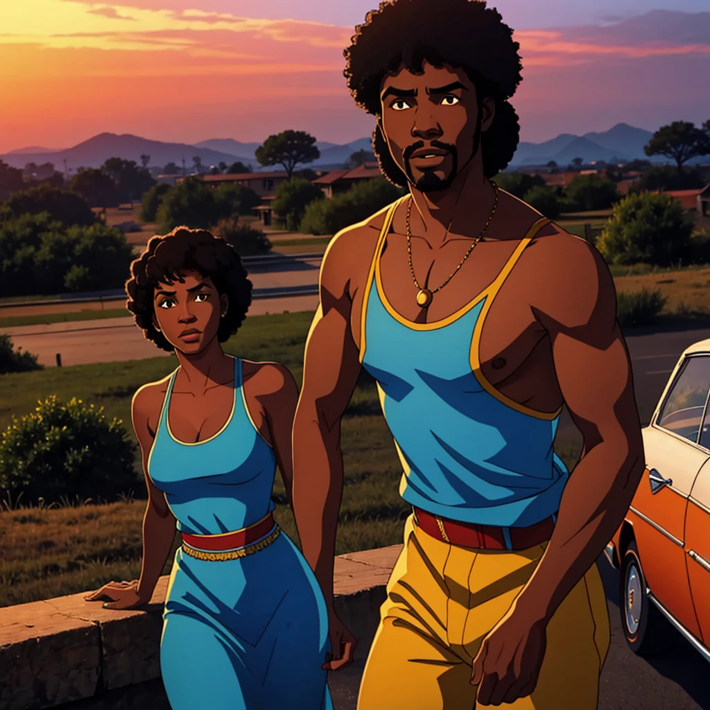 1970s photo of an african-american man wearing 1970s attire, he is telling beautiful women to leave him alone, cinematic action, atmospheric perspective