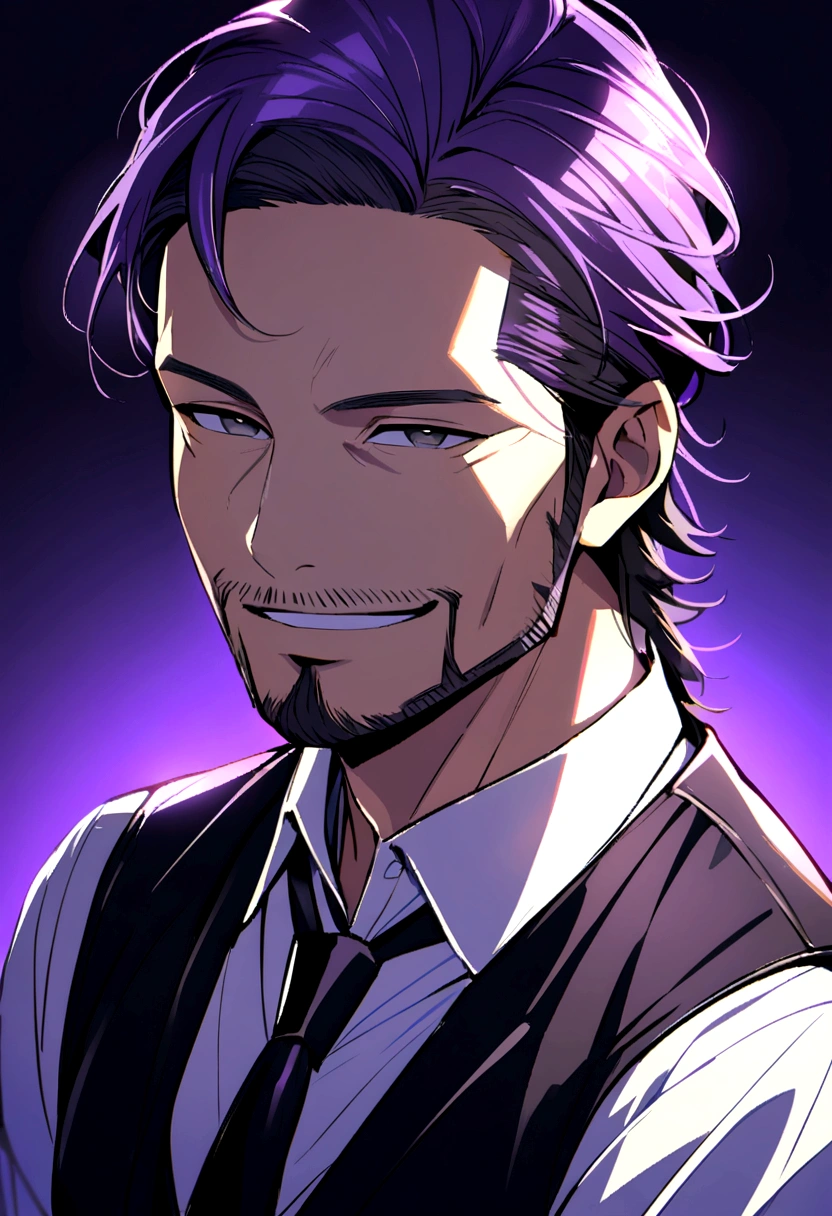 40 years old man, short purple hair parted in two, black eyes, sly eyes, smiling mouth, black goatee and beard, wearing black long-sleeved vest, white shirt, black tie, gold buttons.