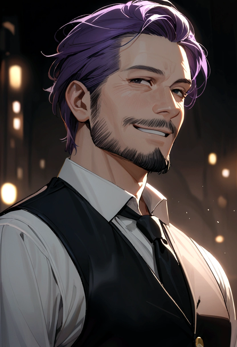 40 years old man, short purple hair parted in two, black eyes, sly eyes, smiling mouth, black goatee and beard, wearing black long-sleeved vest, white shirt, black tie, gold buttons.