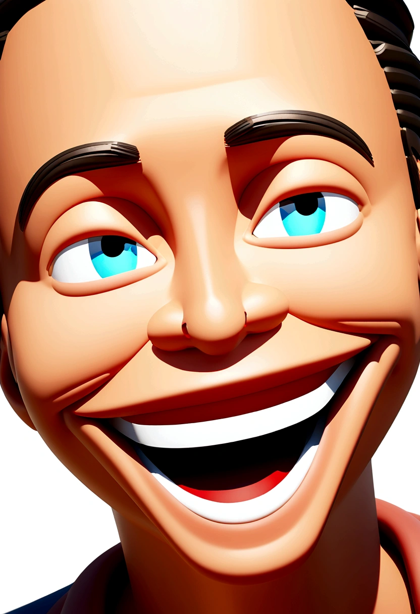 Illustration of smiling man, insane smile, Brown skinned man with a giant smile, smiling happily at the camera, cheeky smile, he is smiling, very big smile, Smiling male, headshot profile picture, laughing huge smile, drawing in the style of 3D art, c4d, pure white color background, Disney style, pixar style render illustration Super Detail, 8K