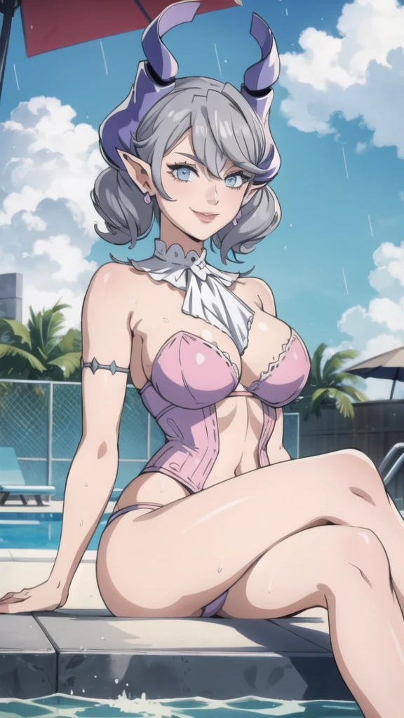 High level image quality best image quality 8K adult woman pool party rain palm trees more colors whole body view portrait bikini horn ears short hair((shortcut)(gray hair)(perm)(fluffy)) eye color is blue , , attractive evil face , smile , sexy pose , labrynth , barearm , wearing pink shirt , sitting on person by the pool , crossed legs , all wet , wet hair
