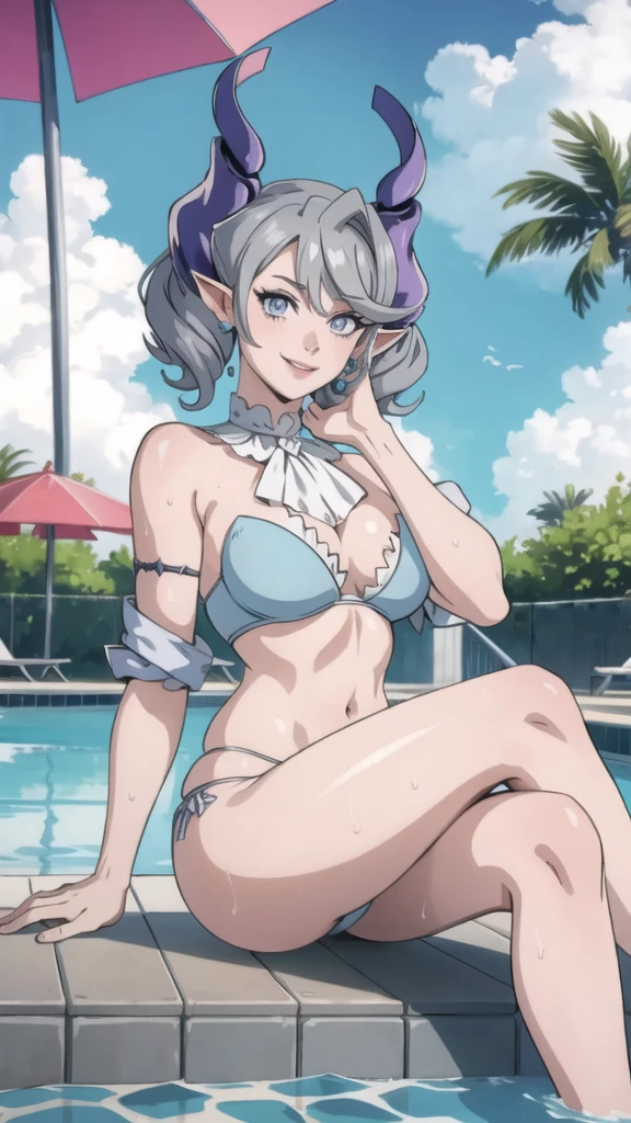 　High level image quality　best image quality　8K　 adult woman    pool party  rain　palm trees  more colors   whole body view　portrait　 bikini   　horn    ears  　short hair（（shortcut）（gray hair）（perm）（fluffy））　eye color is blue ,  , 　attractive evil face , smile   ,  sexy pose   ,  labrynth ,  barearm    , wearing pink shirt    , sitting on person by the pool , crossed legs  , all wet , wet hair 