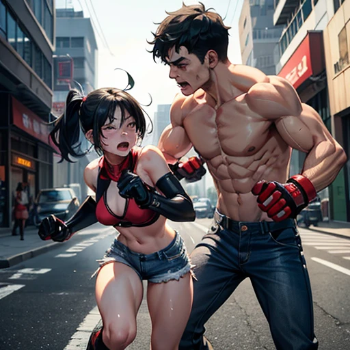 In a street fight、Two men and women fighting。A female street fighter is crying after being repeatedly punched by a man。Covered in bruises。Bloody。shortness of breath。Frightened expression。Running out of energy。Sweaty。Short black hair。Open Finger Gloves。Her chest is exposed。Denim shorts。Erect nipples。One eye closed。Leaning back。A man's fist hits a woman's face。