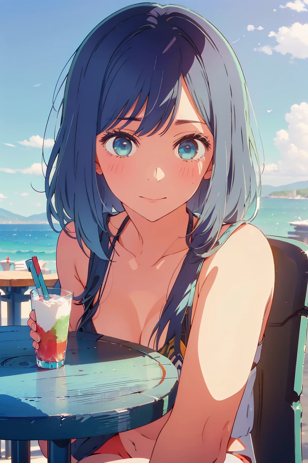 (Highest quality:1.4、8K:1.4、detailed)、F cup bust、Big Breasts、Slim body、Very white beautiful skin、((((1 person、Surprised expression、sit、Chair、In the background are the urban buildings of Tokyo、looking at the camera、Outdoor café terrace、coastal、Navy hair color、juice、Shooting up close、table、Very cute face))))、(Pose of putting hair behind ears with hands:1.4)、(nude、Areola)、bikini、Very blue sky、A completely cloudless sky
