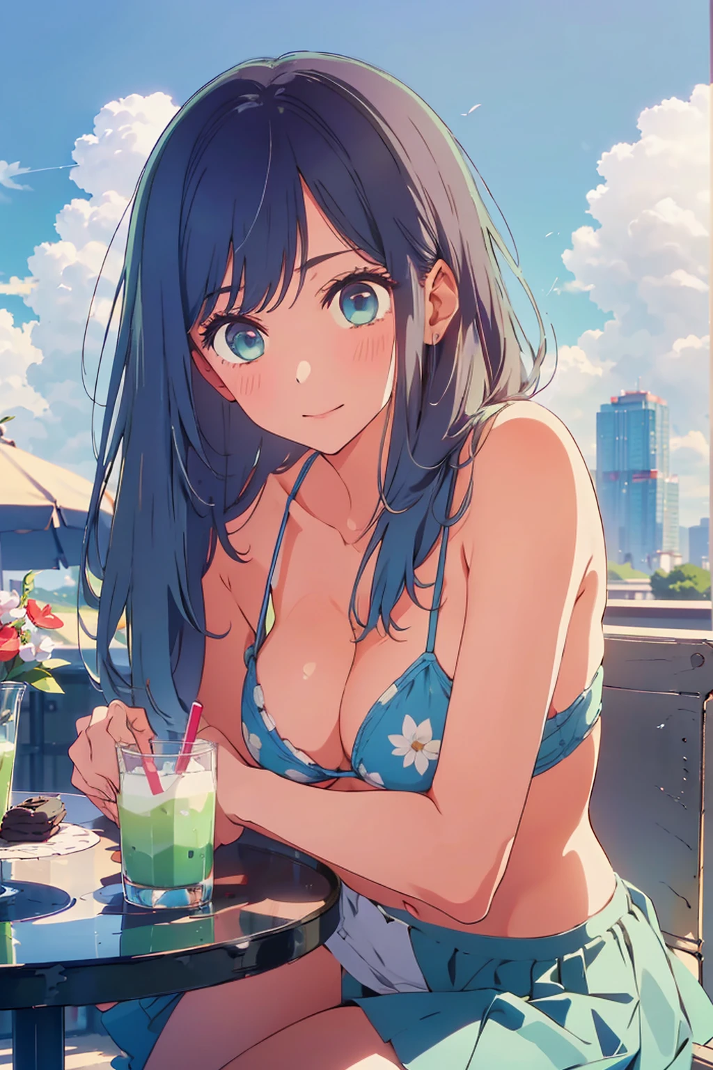(Highest quality:1.4、8K:1.4、detailed)、F cup bust、Big Breasts、Slim body、Very white beautiful skin、((((1 person、Surprised expression、sit、Chair、In the background are the urban buildings of Tokyo、looking at the camera、Outdoor café terrace、coastal、Navy hair color、juice、Shooting up close、table、Very cute face))))、(Pose of putting hair behind ears with hands:1.4)、(nude、Areola)、bikini、Very blue sky、A completely cloudless sky