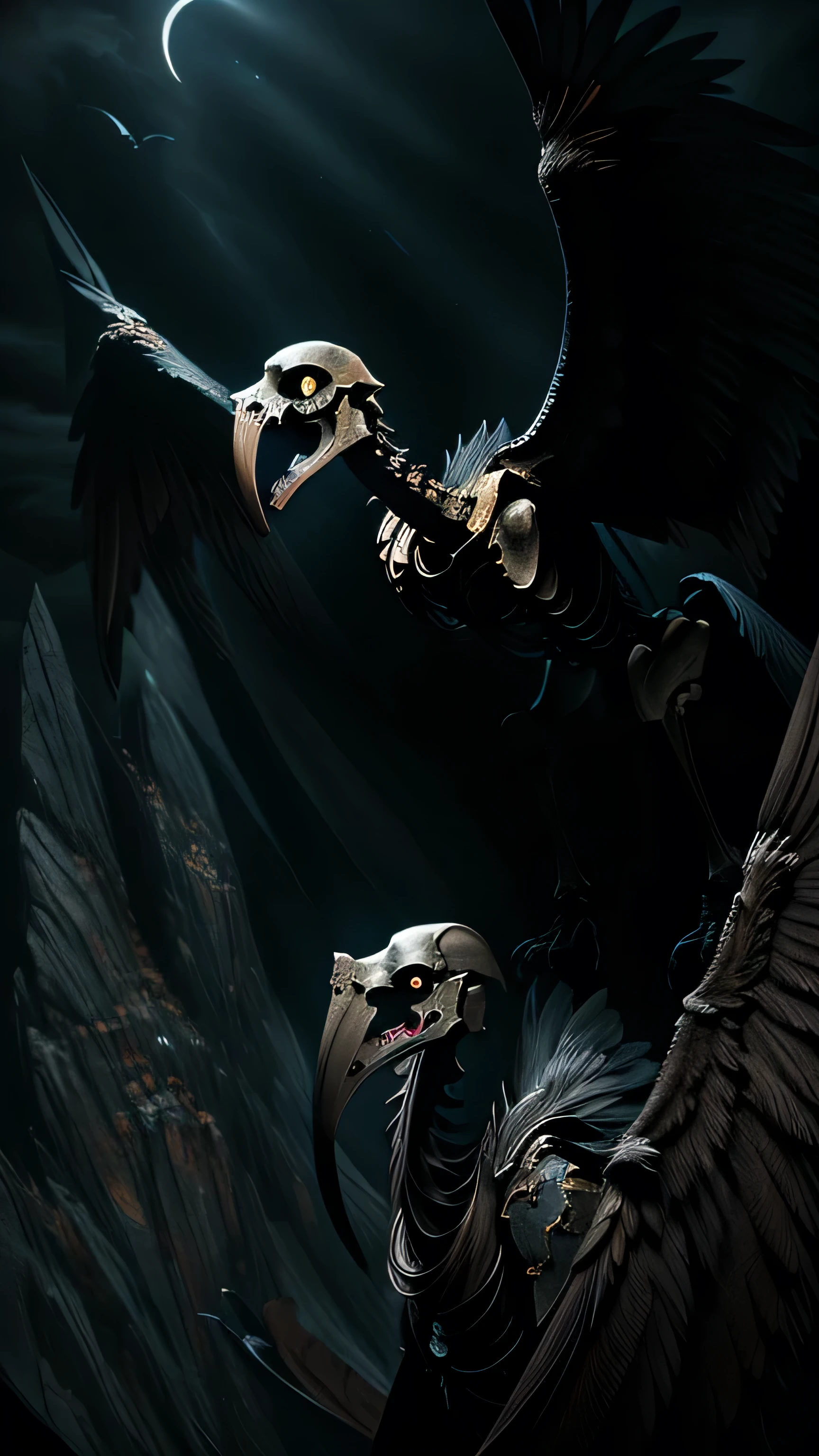 pterodactylus skeleton, large wings, flying, blue aura, blue magic, dark, night, Ardent Mages, Endless legend, solo, (masterpiece:1.2), (best quality), (ultra detailed), (8k, 4k), (highly detailed:1.2), (detailed face:1.2), (detailed background), detailed landscape, (perfect lighting best quality)