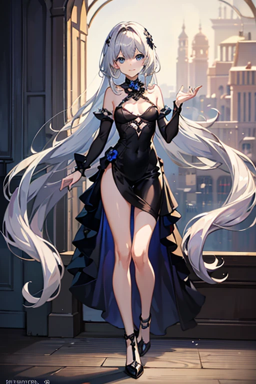 Best Quality,4K,8K,hight resolution,masutepiece:1.2),Vibrant colors,Full body like,very beautiful and delicate girl,Deep Blue Eyes,Light silver hair,Straight long hair,Slender body,small tits,Black Magic Dress,Delicate lace,Gentle smile,classy attitude