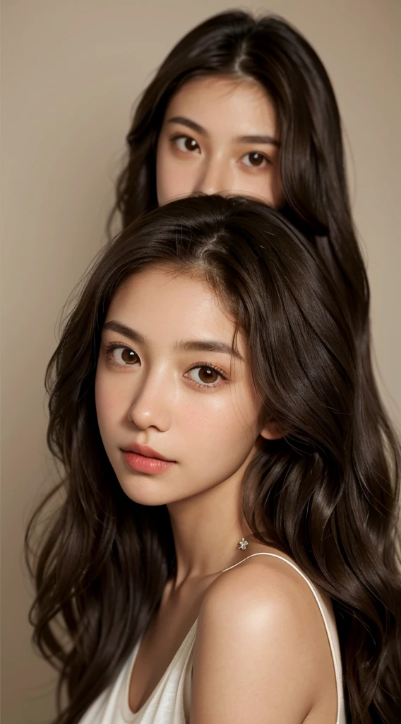 A portrait of a young woman with long, wavy dark brown hair. She has a fair complexion, large, expressive brown eyes, and a subtle, natural makeup look. She is wearing a simple, light-colored top and is looking directly at the camera with a neutral expression. The background is plain and light, drawing focus to her face.