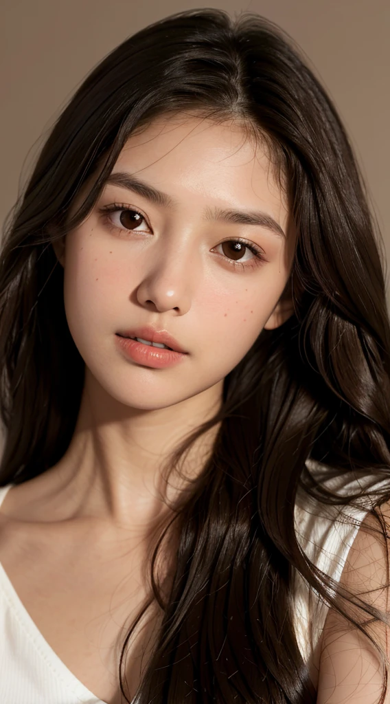 A portrait of a young woman with long, wavy dark brown hair. She has a fair complexion, large, expressive brown eyes, and a subtle, natural makeup look. She is wearing a simple, light-colored top and is looking directly at the camera with a neutral expression. The background is plain and light, drawing focus to her face.