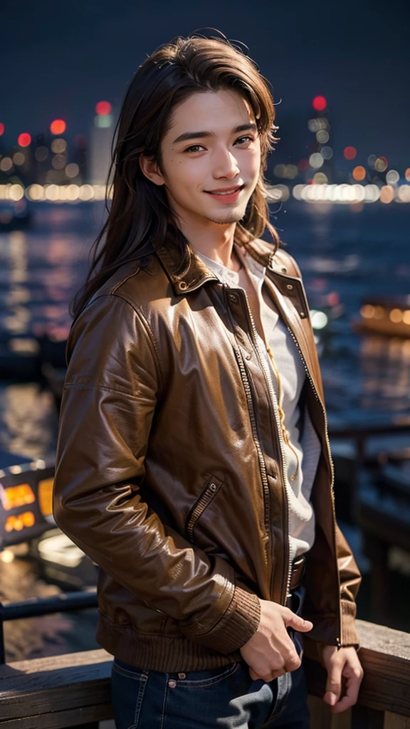 Highest quality, masterpiece, Ultra-high resolution, (Realistic:1.4), RAW Photos, Young and handsome men, Brown Hair, (Night city background:1.2), smile