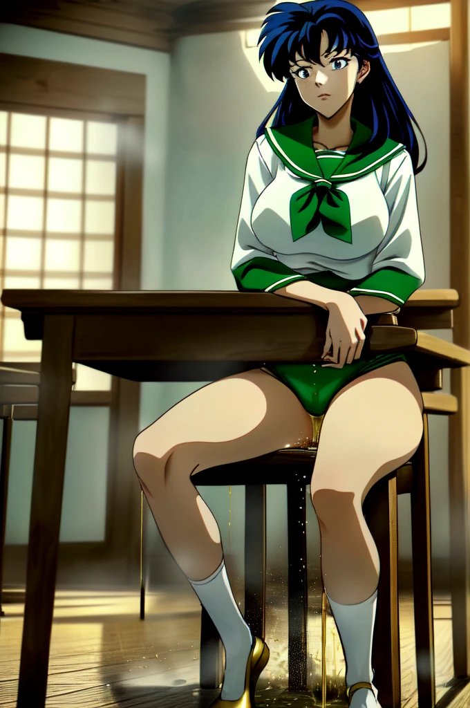(masterpiece, best quality, ultra detailed, absurdres:1.5) , 1girl, (????, beautiful woman, perfect face, perfect eyes, perfect female body, ????????????)1.5, ((kagomeiy, higurashi kagome,  white sailor shirt, green sailor collar, red neckerchief, green pleated skirt, (white panties:1.2) , white socks, loafers, long hair, black hair, spiked hair, hair between eyes, wide bangs, )) , (sitting on a chair, (??????????, showing panties:1.3) , (yellow stain on bottom of panties, ??? puddle on chair Seat:0.8) , (golden liquid running down chair legs, golden liquid droplets failing from edge of the chair:1.0) .  (peeing self :1.5 ), (inside a Japanese classroom), perfect lighting, smooth, hdr)