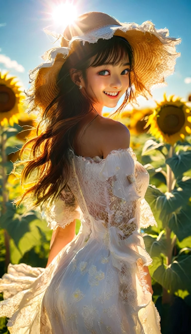 fuwa aika,1girl,solo, (White lace dress:1.2),flowing dress (sun visor hat:1.2), Sunflower field, under the sunlight, light smile,looking at viewer, wind, dynamic, strong light and shadow,dynamic pose,