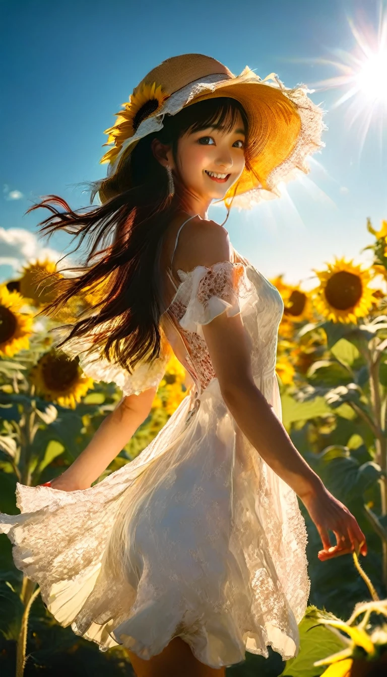 fuwa aika,1girl,solo, (White lace dress:1.2),flowing dress (sun visor hat:1.2), Sunflower field, under the sunlight, light smile,looking at viewer, wind, dynamic, strong light and shadow,dynamic pose,