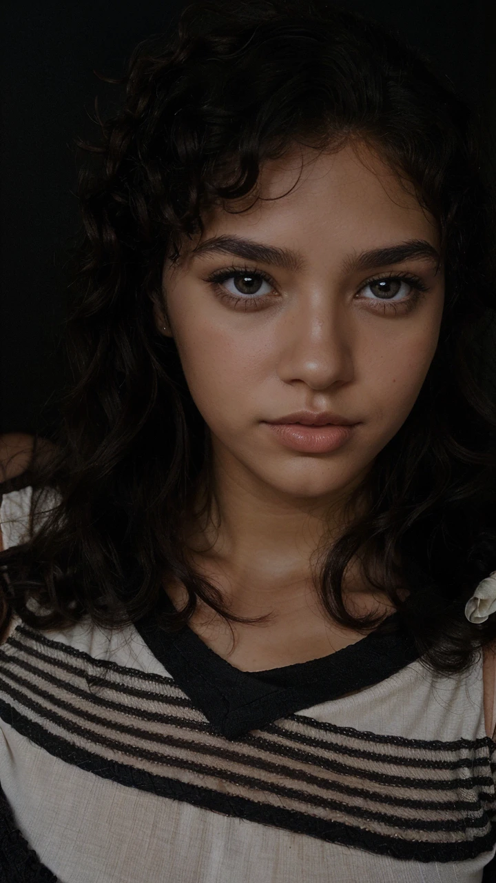girl with very fluffy curly hair type afro below the shoulders, test brunette dark brown eyes , full lips medium eyebrows