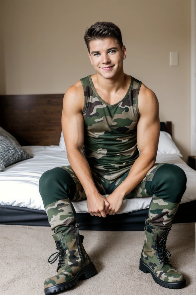 military barracks, sitting on bed, lukas, slightly smiling, sexysoldier, drab green tank top, camouflage pants, dog tags, (black army boots), ((full body portrait)), wide angle, 