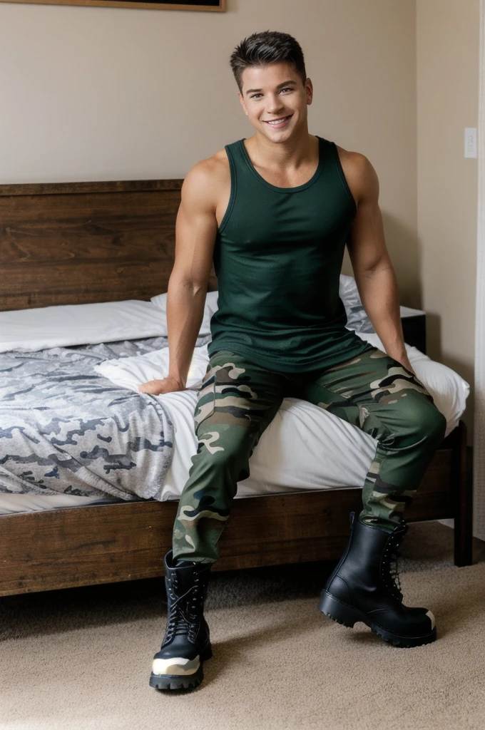 military barracks, sitting on bed, lukas, slightly smiling, sexysoldier, drab green tank top, camouflage pants, dog tags, (black army boots), ((full body portrait)), wide angle, 