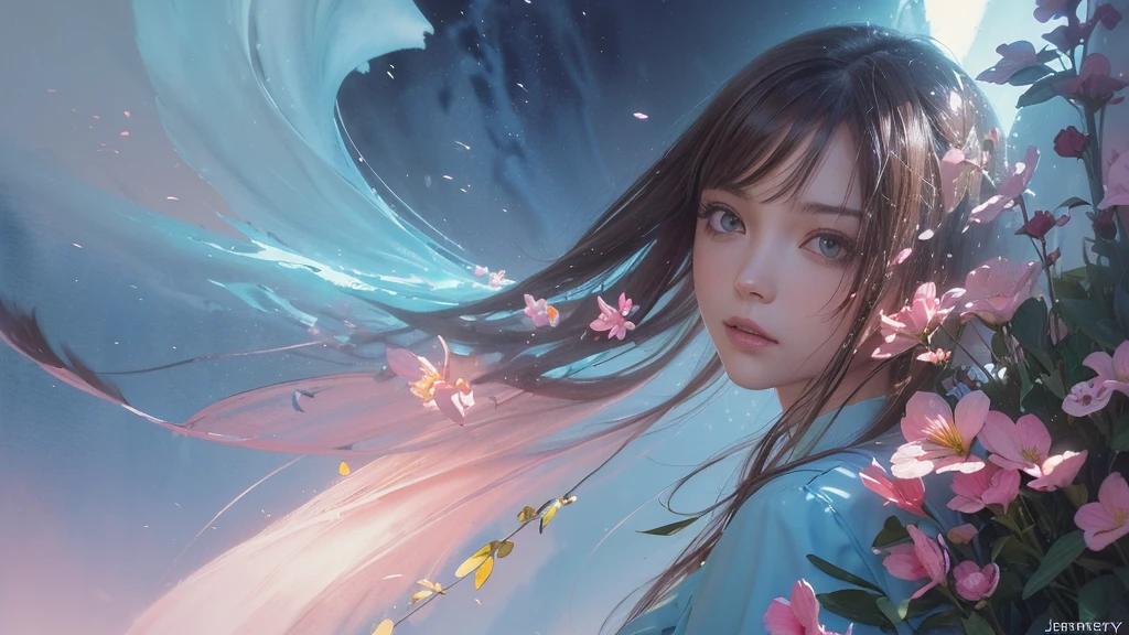 32k, Masterpiece, Highest quality, One girl, Detailed eyes, flower,Alstroemeria, Pink and light blue style,A dreamy, romantic piece,Pale yellow, Mysterious Leaves,A playful arrangement,Fantasy,High Contrast,Ink strokes,explosion,Exposure, Impression of pink and light blue tones,Abstract,((Watercolours by John Berkey and Jeremy Mann )) Brush strokes,Negative Space, Tyndall effect,