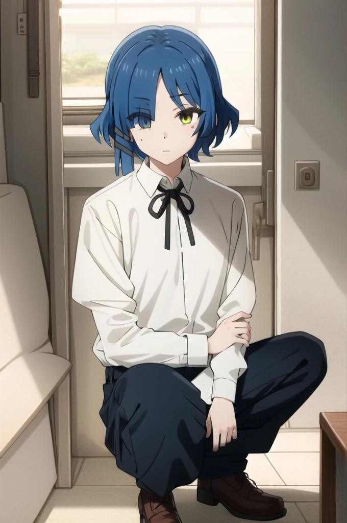 expensive body, expensive, Long legs, mature female, mature, Adult, It is_mouth_Ryu, One girl, alone, Mole, Blue Hair, Mole under eye, short hair, shirt, white shirt, View your viewers, black ribbon, bangs, Yellow Eyes, collared shirt, ribbon, mouthを閉じた, neck ribbon, Portraiture, Expressionless, Parody, Eyes visible through hair, hair ornaments, , Hair Clip, squat,I can see your pants