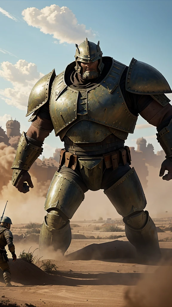 in pixar style Wide shot of a dusty battlefield. Two armies face off. In the foreground, a giant Philistine warrior, Goliath, stands armored and imposing.