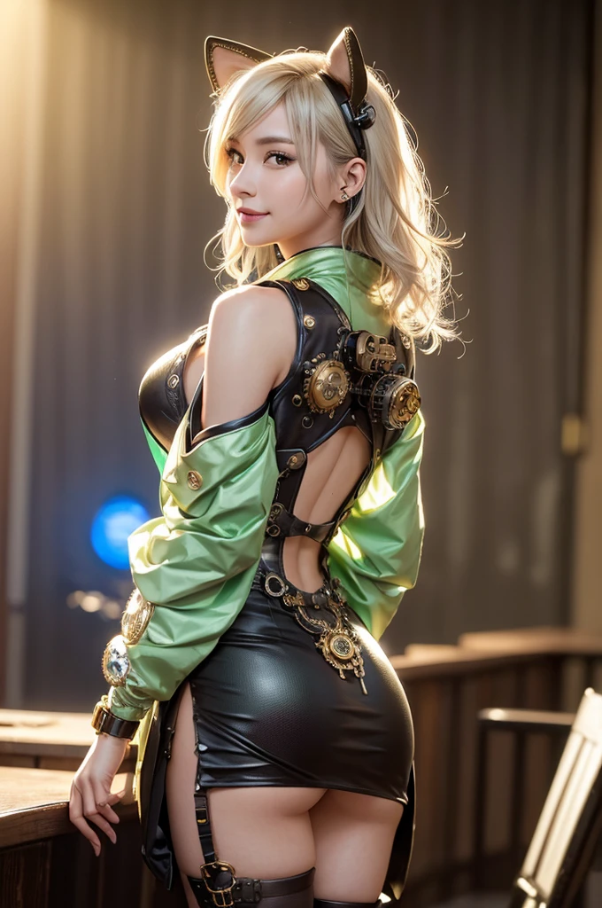 Woman portrait、Highest quality、Rear view、8K,Detailed face, clear, Fine skin、Clear, beautiful eyes、whole body、(Curly Hair)、My hair was messed up by the wind、The beauty of a smile、(Glamorous Muscle、tall),(Hip_superior, Hip superior), Mature Woman,( Watching the audience),Realistic, High resolution, Soft Light,1 female, alone, Hipアップ, Glowing Skin, (Detailed face), Sexy smile, Perfect Style, Perfect balance,Platinum gold hair,short hair,Naughty look,((Steampunk kimono)),( White Mecha, High-tech Mecha,Beautiful steampunk cyborg woman,Steampunk Mecha Cyborg Girl,Light green steampunk light green and white jacket,hair ornaments,wrist cuffs,mini skirt,Steampunk bodystocking,side slit,Steampunk Sheath Dress,fake animal ear),((arms behind back)),(bokeh),(studio lighting)