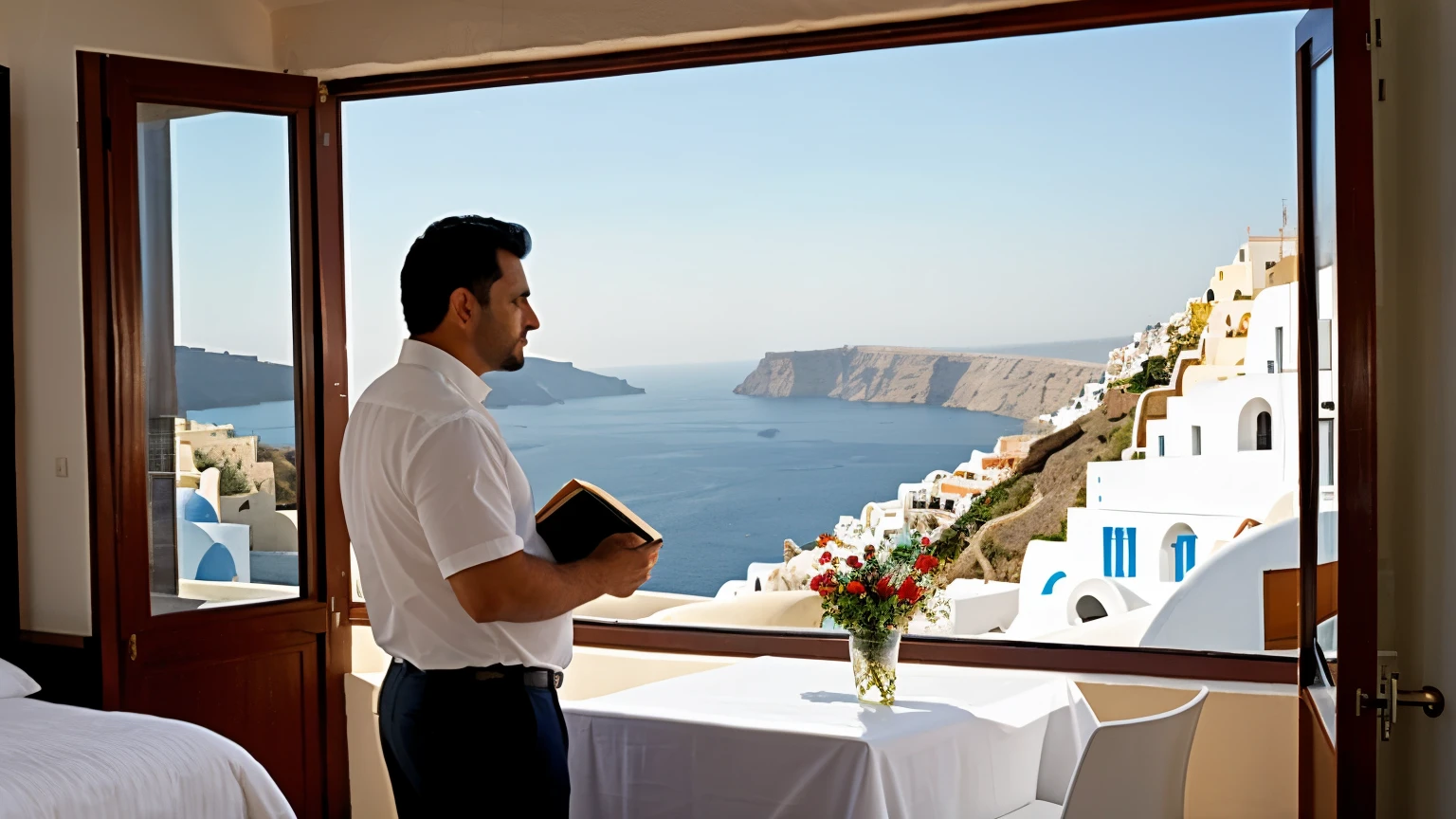 ((best quality)), , (detailed), (big) un hombre escritor viendo una mesa escribiendo en una habitación de hotel con un ventanal big que se vea la ciudad de santorini