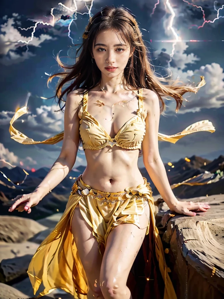 masuter piece,(Best Quality:1.3),超A high resolution,Raw photo,Detailed skin,Beautiful lighting,(Realistic, Photorealsitic:1.4), dunhuang, 1girl in, Full body, Standing, Unevenness of the skin, Beautiful expression、A detailed face、perfectly proportions、Big Tits、big breasts thin waist、Navel、Crotch gap、thighs thighs thighs thighs、Bewitching、Attractive woman, A sexy, dunhuang_Background,(Dynamic Poses:1.2), Vivid costumes、lightning bolt、thunderbolt、Sateen、wetted skin、